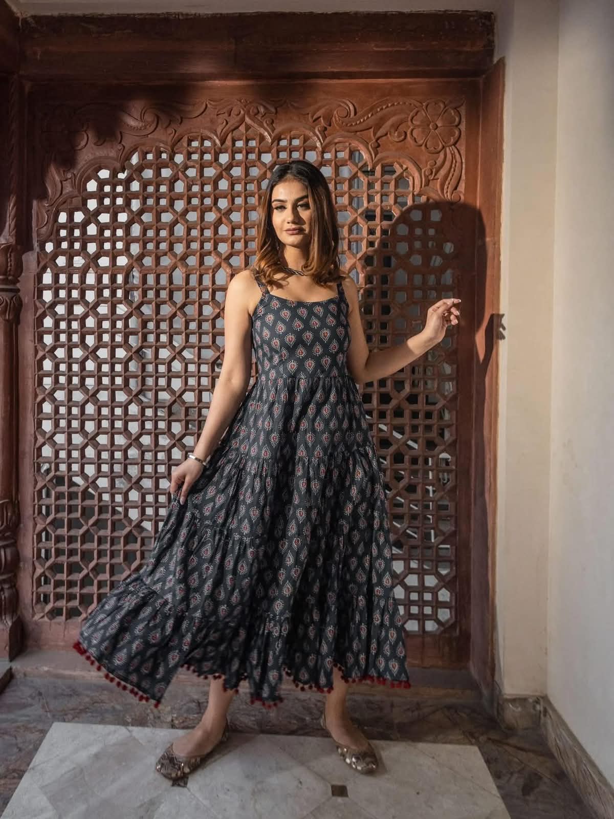 Black Printed Tiered Dress