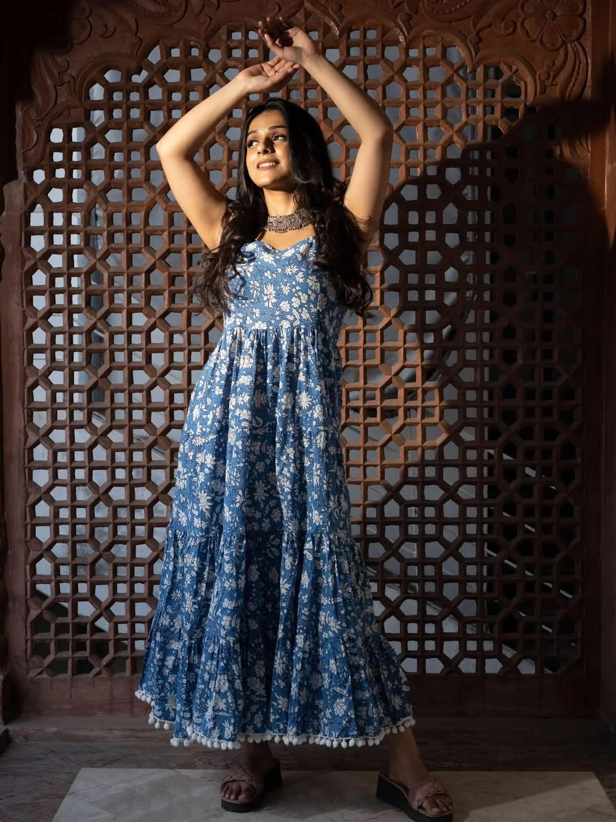 Blue Printed Tiered Dress