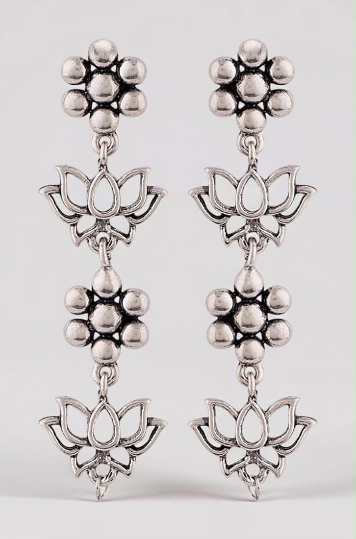 Oxidised Lotus Drop Earrings